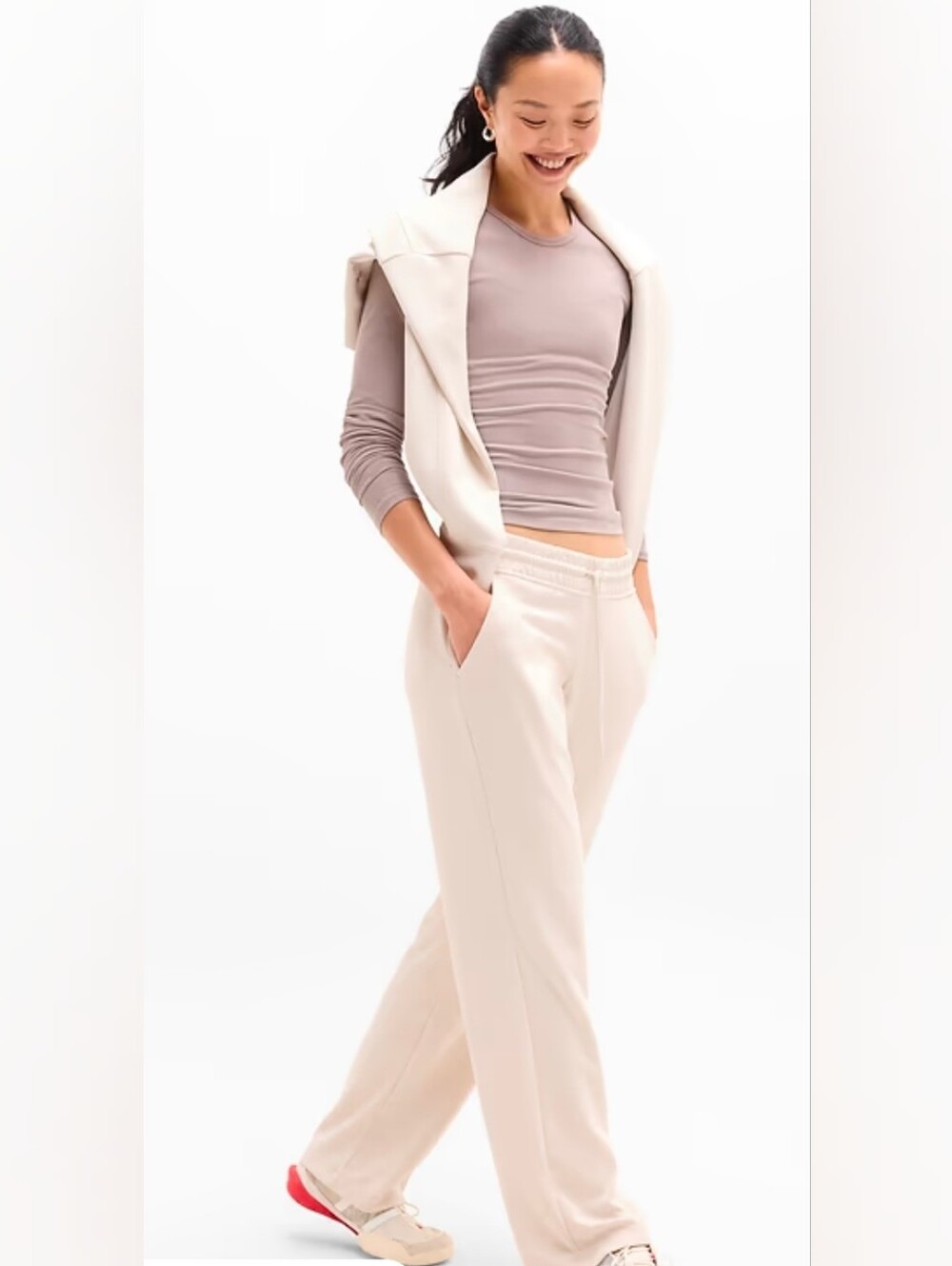Athleta Seasoft Mid Rise Straight Pants Bone Medium Petite MP Style #472259